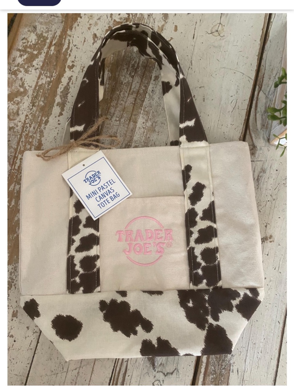 Trader Joe's MINI Cream Canvas Tote with Brown Cow Print and Pink Logo